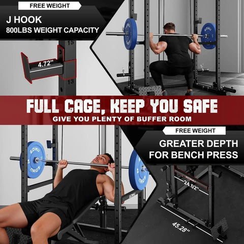 Built Like A Tank Power Cage Rack With Cable Crossover System And 2000 Pound Load Bearing Capacity For Game Changing Home Gym Setup Including Black Steel Framing Multi Function Workout Machine With Extra Training Attachments, showcasing J-hook with 800 lbs capacity.