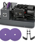 Rock Solid Lawn Mower Blade Sharpener Bench Grinder featuring 500 Watt motor, 7 inch ceramic wheel, and accessories.