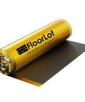 Top Tier Floor Underlayment Roll Covers 200 Sq Ft Of Laminate And Hardwood With Built In Moisture Seal and Noise Control visible, gold rolled material.