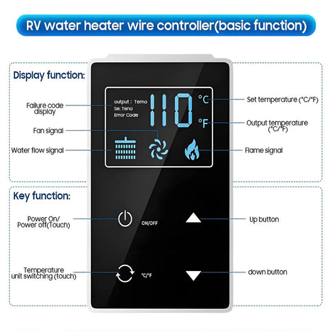 RV water heater wire controller with temperature display and control buttons for 12 Volt Propane Tankless Water Heater For RV Camper With Instant On Demand Hot Water Continuous Flow Game Changer For Road Trips Superior Performance And No Sweat Campground Showering.