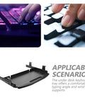 Ergonomic Under Desk Keyboard Tray With Slick Slide Out Gliding Platform And Contoured Wrist Support Plus Hidden Cable Routing for a neat workspace setup.