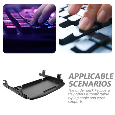Ergonomic Under Desk Keyboard Tray With Slick Slide Out Gliding Platform And Contoured Wrist Support Plus Hidden Cable Routing for a neat workspace setup.