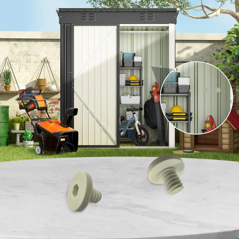 Premium 20 Pack Replacement Bolts Compatible With Suncast Storage Sheds with two white fasteners on a table and shed background.