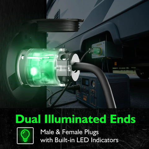 Lighted 3 Prong Extension Cord Ends Kit 15A 125V NEMA 5-15P And 5-15R For Generator RV And Welding Equipment Replacement Ends, Male And Female Repair Kit UL Listed Black, illuminated plug connected to RV