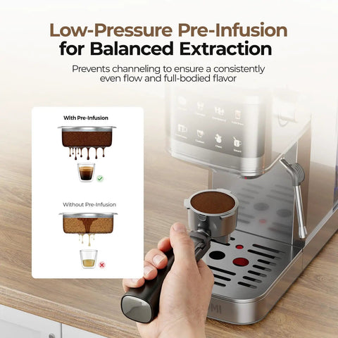 Sick Home Barista Essential Featuring Professional Espresso Machine showcasing low-pressure pre-infusion for balanced extraction.