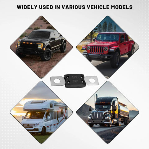 Built Tough 400 Amp Mega Fuses High Current Bolt On Automotive Electrical Safety Protection Copper alloy Stud Mount Kit For Trucks Vans Rv Boost Battery Cables And Marine Rides displayed with various vehicle models.