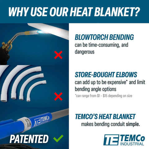 Image comparing methods for bending conduit, highlighting Temco Th4001 PVC Conduit Heat Blanket Bender for easy use.