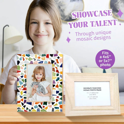 Decorate Your Own Mosaic Picture Frame Kit With Colorful Mosaics Glue Spreader Grout And Everything You Need For 5x7 Or 4x6 Photos DIY Mosaic Craft Kit For Adults Christmas Valentines Day Gifts, featuring a colorful mosaic frame and wooden frame for 4x6 or 5x7 photos.