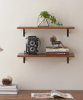 Heavy Duty Decorative Shelf Brackets 5 By 3.5 Inch Matte Black Metal Corner Supports Two Hundred Pounds Built Like A Tank Rust Proof Wall Mount Hardware For Easy Home Organization Two Pack holding wooden shelves with decor.