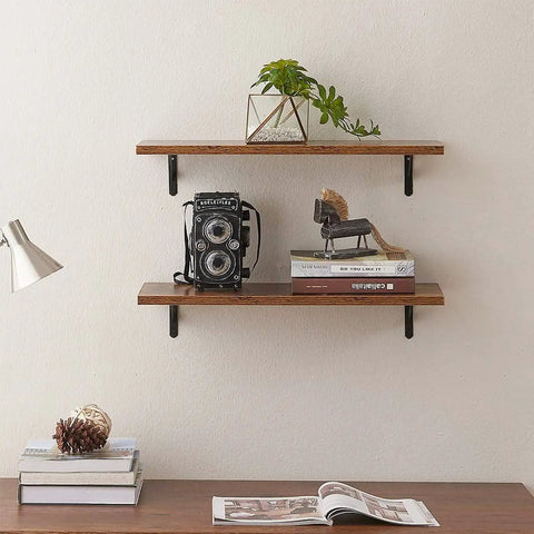 Heavy Duty Decorative Shelf Brackets 5 By 3.5 Inch Matte Black Metal Corner Supports Two Hundred Pounds Built Like A Tank Rust Proof Wall Mount Hardware For Easy Home Organization Two Pack holding wooden shelves with decor.