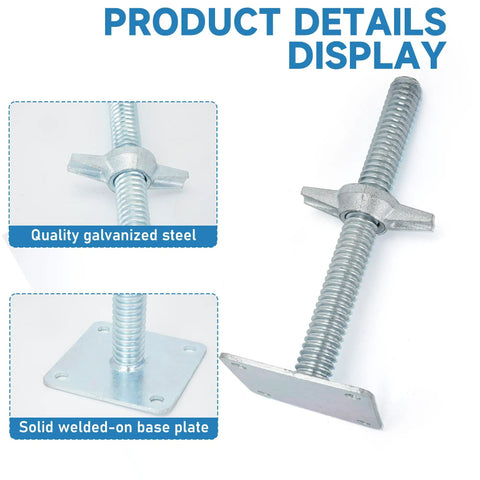 Heavy Duty 4 Pack Adjustable 12 Inch Scaffold Leveling Jacks Rock Solid Galvanized Steel Construction with base plate detail.