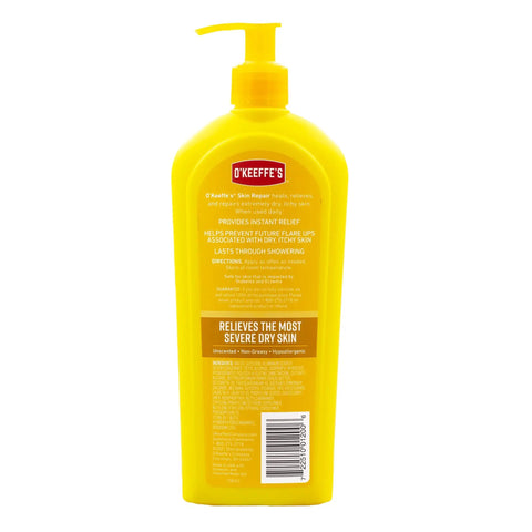 Back view of yellow Skin Repair Body Lotion For Extremely Dry Skin Unscented Quick Absorbing Non Greasy Moisturizer 12 Ounce Pump Bottle