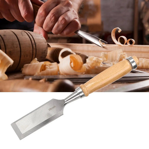 Pro Level Wood Chisel Set With Sturdy Wooden Handles And Razor Sharp Steel Blades Built Tough For Smooth Carving And Quick Detail Work By Everyday Craftsmen Woodworking Hardware For Carpenters And Hobbyists, 38mm blade in use.
