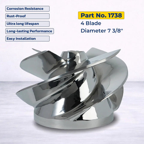 7 3/8 Inch V6 Big Series Outboard Jet Impeller Kit with 1738 Four Blade Stainless Impeller, corrosion resistance details