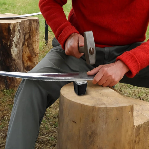 Using a Two Piece Peening Anvil Set For Scythe Blades In Drop Forged Steel With Flat Striking Surface And Glossy Finish For Precise Peening