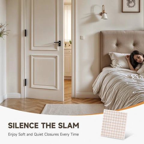 Cozy bedroom scene with 100 Piece Felt Cabinet Door Bumpers Self Adhesive Soft Close Absorb Impact And Reduce Noise 0.4 Inch Diameter.