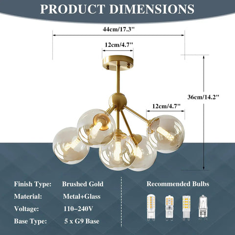 Dimensions of 5 Light Amber Glass Globe Chandelier With Brass Gold Finish, Semi Flush Mount Ceiling Light in Mid Century Modern Style