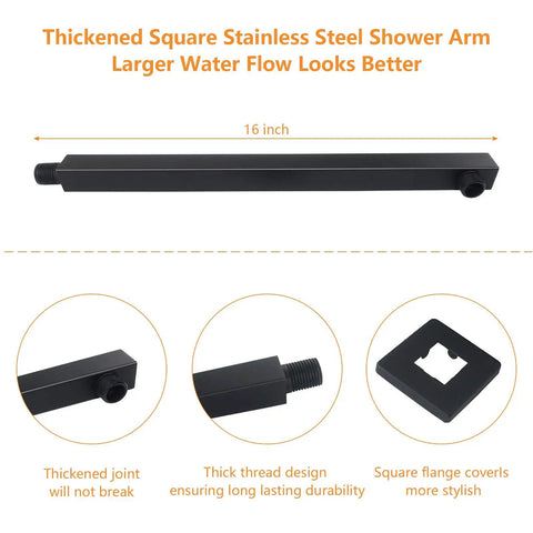 High Pressure Square Shower Head With 16 Inch Arm Matte Black Stainless Steel Rainfall Waterfall For Full Body Coverage 12 Inch