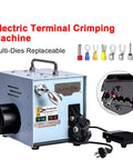 ZQFEE 60W Electric Tube Expander Terminal Crimper Tool With Replaceable Cold Pressing Molds For Professional Wire Connector Work, showing device with various crimping dies.