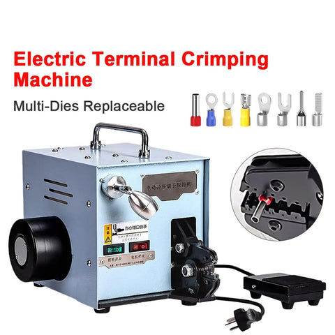 ZQFEE 60W Electric Tube Expander Terminal Crimper Tool With Replaceable Cold Pressing Molds For Professional Wire Connector Work, showing device with various crimping dies.