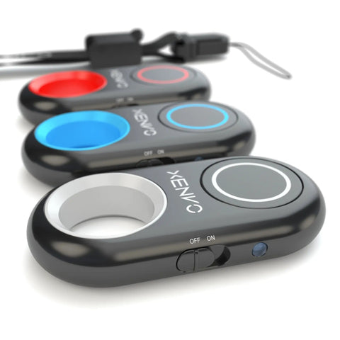 Three Bluetooth Wireless Camera Shutter Remote for iPhone iPad Android and Tablets, black with colored rings, on white background