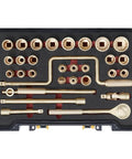 Heavy Duty Non Sparking Beryllium Copper 31 Piece Socket Set With Half Inch Drive Ratchet Kit And Extensions displayed in case.