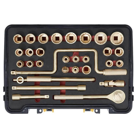 Heavy Duty Non Sparking Beryllium Copper 31 Piece Socket Set With Half Inch Drive Ratchet Kit And Extensions displayed in case.