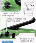 Heavy Duty Pallet Strapping Kit With Three Quarter Inch Woven Cord And Ratchet Tensioner Featuring A Sharp Blade Plus Fifty Reusable Buckles For No Hassle Industrial Packing That Gets Results Fast showing tensioner tool features and functions.