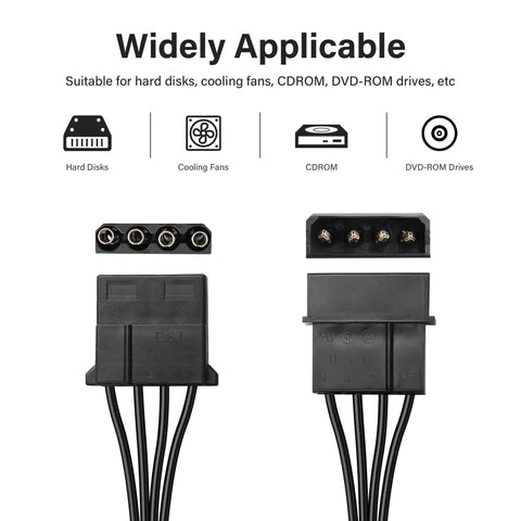 Molex Splitter Power Cable LP4 4 Pin Male To 3 4 Pin Female Y Cable For IDE Hard Drives And CD DVD Drives, PSU Power Extension, Copper Conductors, Durable IDE Peripheral Connector; 45cm black connectors