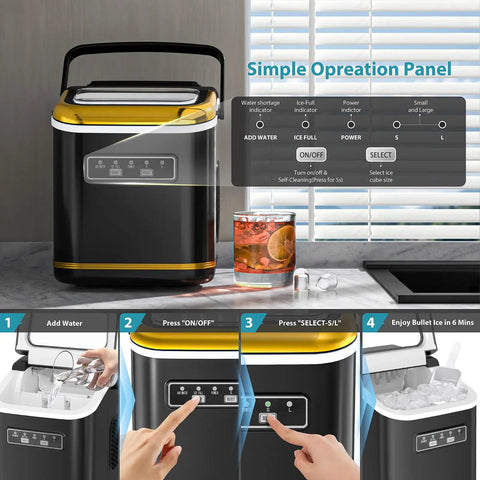 Countertop Ice Maker Machine Portable Compact Bullet Ice Maker With Self Cleaning 9 Ice Cubes In 6 Minutes 26 Lbs Per Day Quiet Under 35 Decibel operation panel