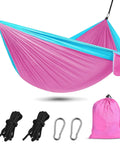 Camping Hammock For All Adventures Heavy Duty Nylon 500 Pound Capacity Portable Lightweight Single Or Double with blue and pink colors