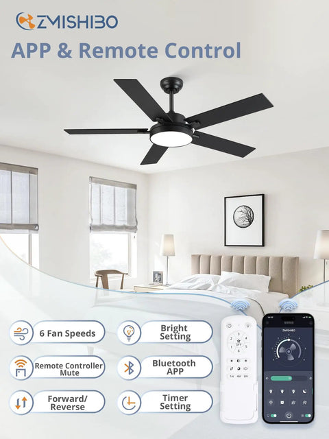 52 Inch Cool Modern Ceiling Fan With Lights And Smart Remote App Control 6 Speeds 3CCT Dimmable 30W LED in a bedroom