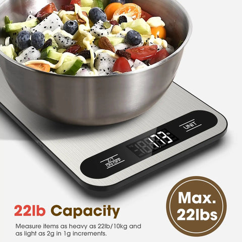 Digital Kitchen Scale With 22 Pound Capacity, 1 Gram Precision, Six Unit Conversions, and Stainless Steel Platform Weighing Bowl