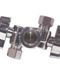Close-up of dual-outlet chrome brass angle stop valve with two square knob handles and compression fittings