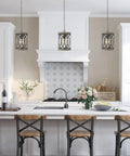 Dope Rustic Wood Pendant Light With Black Metal Shade, 1-Light Farmhouse Ceiling Fixture in a modern kitchen setting.