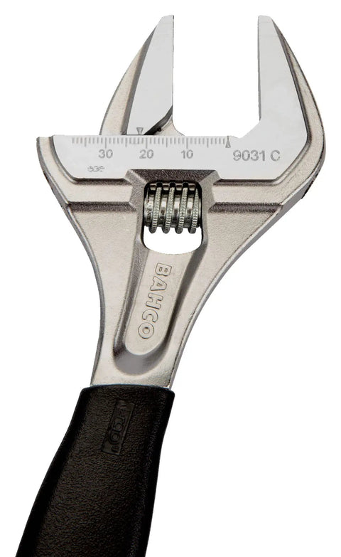 8 Inch SAE Big Mouth Adjustable Wrench With Wide Jaw And Slim Head, True Ergo Grip For Tight Spaces, A Beast For Maintenance, Plumbing And Electrical Repairs, Easy To Use In Cramped Sinks And Panels, close-up front view