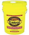 5 Gal Neutral Base Solid Color Deck Stain For Outdoor Wood, Water Based Acrylic Formula With Rich Pigment For Dope UV Protection And A Scuff Resistant Finish On Decking, Easy Color Matching, Not For Siding Or Incense Cedar in a yellow bucket