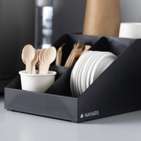 Coffee Station Organizer With 4 Compartments Perfect For Storing Coffee Pods Sugar Creamer Stirrers And Tea Bags On Your Office Or Kitchen Countertop For Quick Grab And Go Access And Neat Countertop Organization holding cups and stirrers