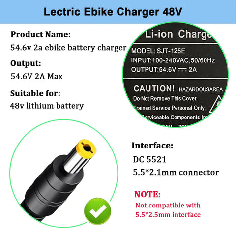 Electric Bike Charger 48V For Lithium Batteries, 54.6V 2A Fast Smart Charger For 48V E Bikes, DC 2.1mm Connector, Universal 100-240V Power Adapter For Home Travel And Daily Rides Ready To Roll