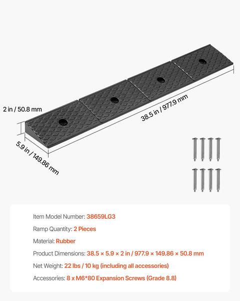 Two Pack Heavy Duty Rubber Curb Ramp With 2 Inch Rise For Cars SUVs Trucks And Trailers, 15 Ton Load Capacity, Drainage Tank Design