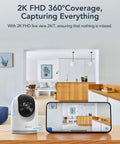 2K Indoor Security Cam Bundle 4-Pack in a living room, displaying 360-degree motion detection and app view on phone
