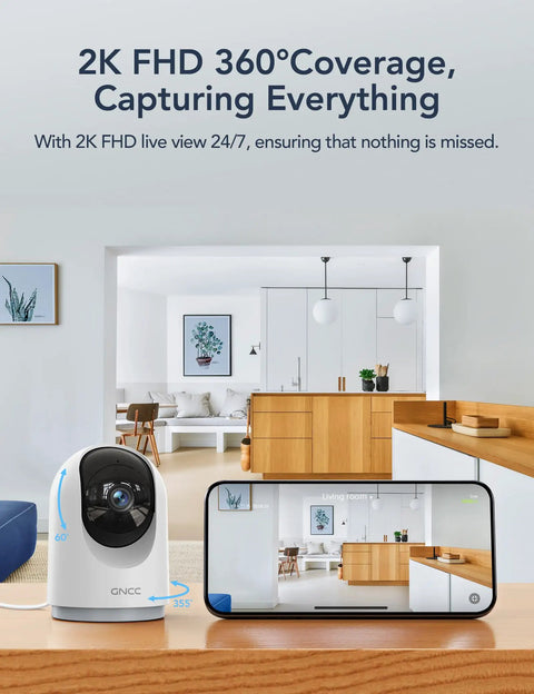 2K Indoor Security Cam Bundle 4-Pack in a living room, displaying 360-degree motion detection and app view on phone