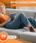 Woman using Wireless Ankle Heating Pad For Pain Relief And Neuropathy Portable Ankle Massager Wrap with tablet, auto-off feature