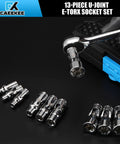 Rugged 13 Piece External Torx Socket Set for 1/4 and 3/8 Inch Drives, Universal Joint, in chrome vanadium steel with markings.