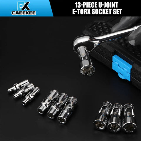 Rugged 13 Piece External Torx Socket Set for 1/4 and 3/8 Inch Drives, Universal Joint, in chrome vanadium steel with markings.