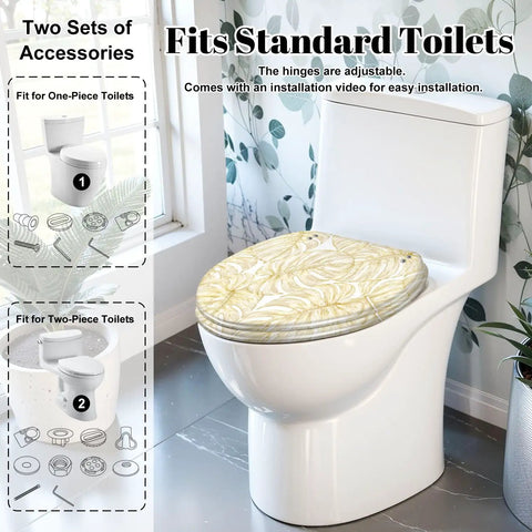 Elongated Vintage luxury seamless floral golden monstera leaves Toilet Seat on standard toilet for easy installation.