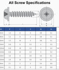 Diagram of specifications for 50 Pack of M2 x 8mm Phillips Pan Head Self Tapping Screws With Integrated Washer Heavy Duty Kit.