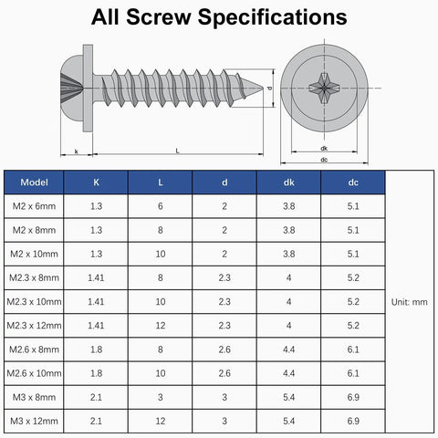 Diagram of specifications for 50 Pack of M2 x 8mm Phillips Pan Head Self Tapping Screws With Integrated Washer Heavy Duty Kit.