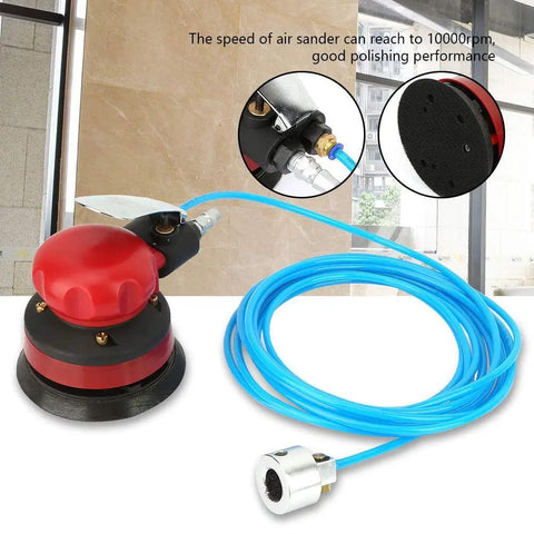 Red Five Inch Pneumatic Water Sander Kit with blue water pipe, disc air polisher, and grinding machine inlet joint for metal auto body work