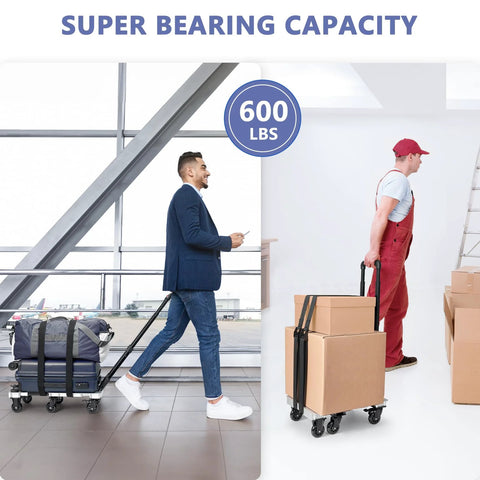 KEDSUM aluminum folding hand truck dolly with 6 wheels, 600 lbs capacity; luggage on left, boxes on right.